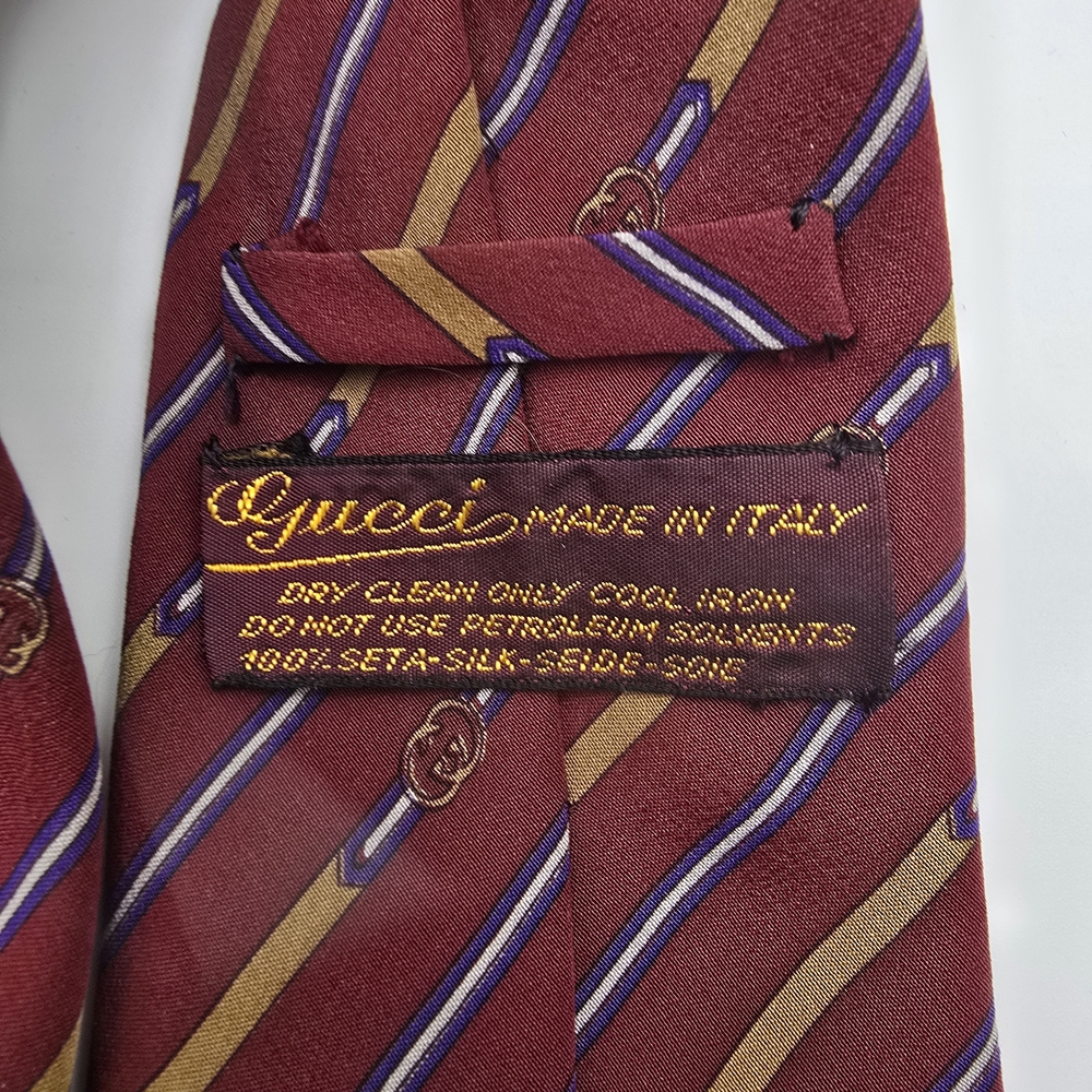 Vintage Silk Gucci Burgundy Tie with Gold and Blue Stripes - Picture 2 of 11